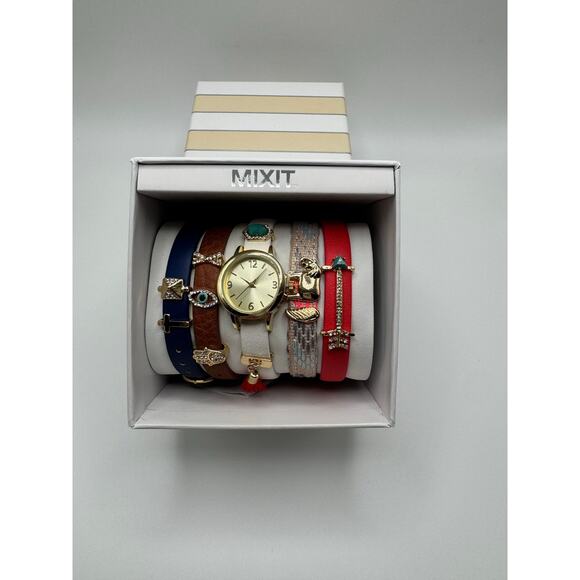 Mixit Women’s Watch & Bracelet Gift Set Gold Tone Multi Color Bands New in Box - Picture 2 of 3